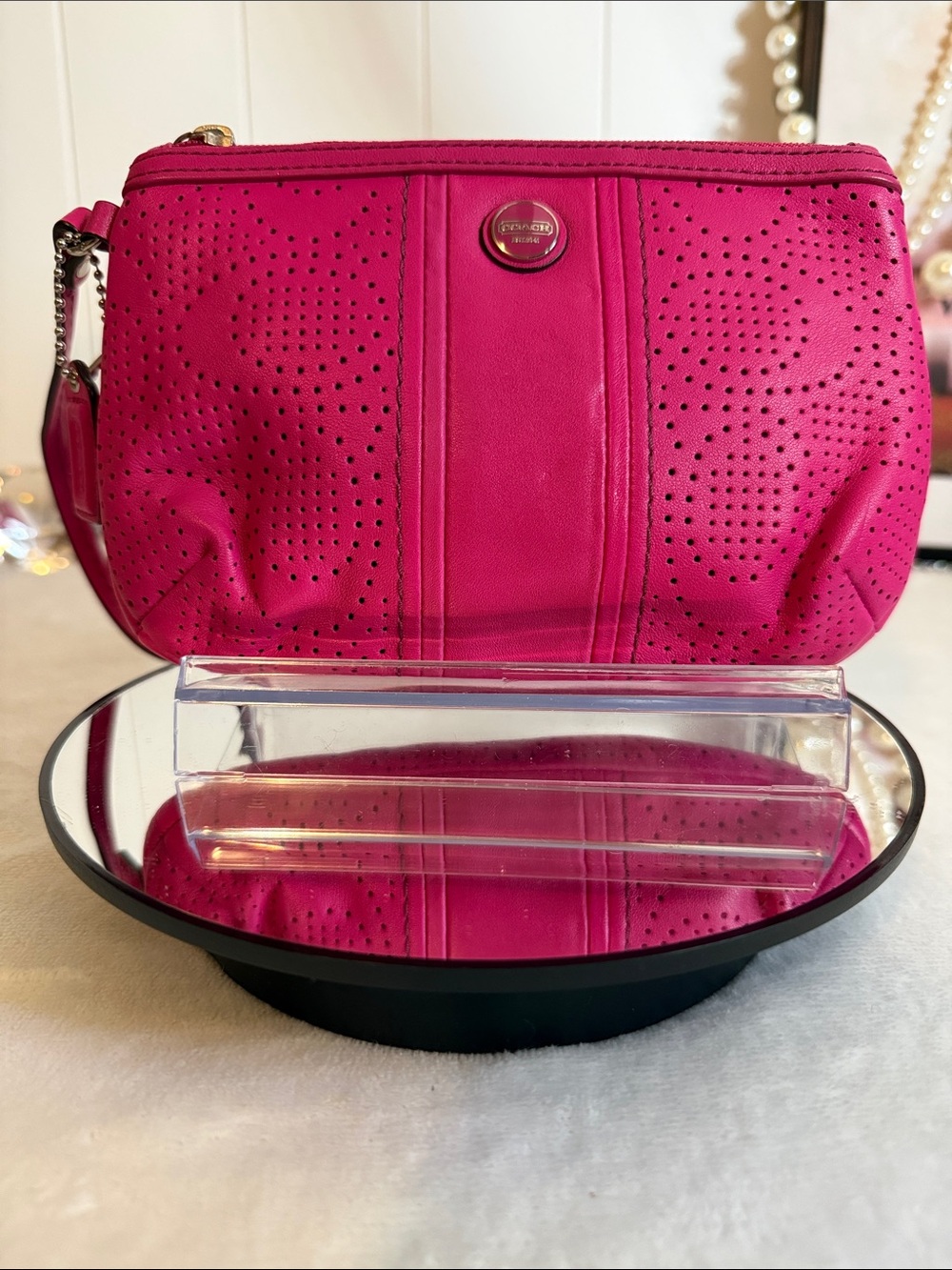 Coach Fuchsia Pink Perforated Leather Wristlet Clutch Cosmetic Pouch EUC